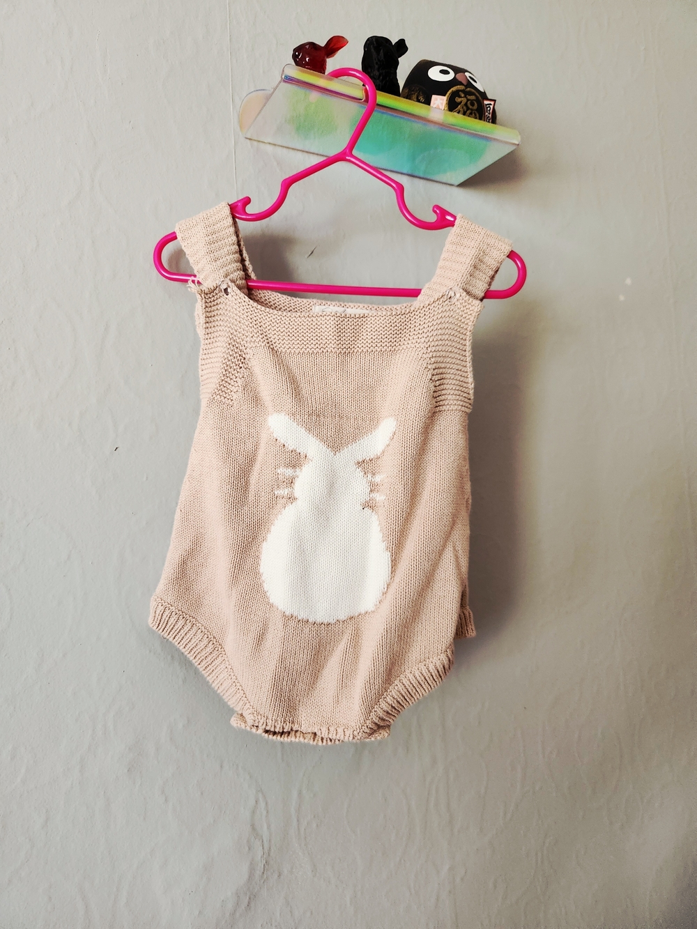 Angou Beige Knit Bunny Romper Overalls